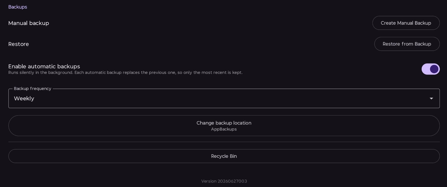 Settings for backups and recycle bin.