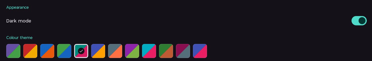 Part of the settings that shows the light/dark mode toggle and colour themes.