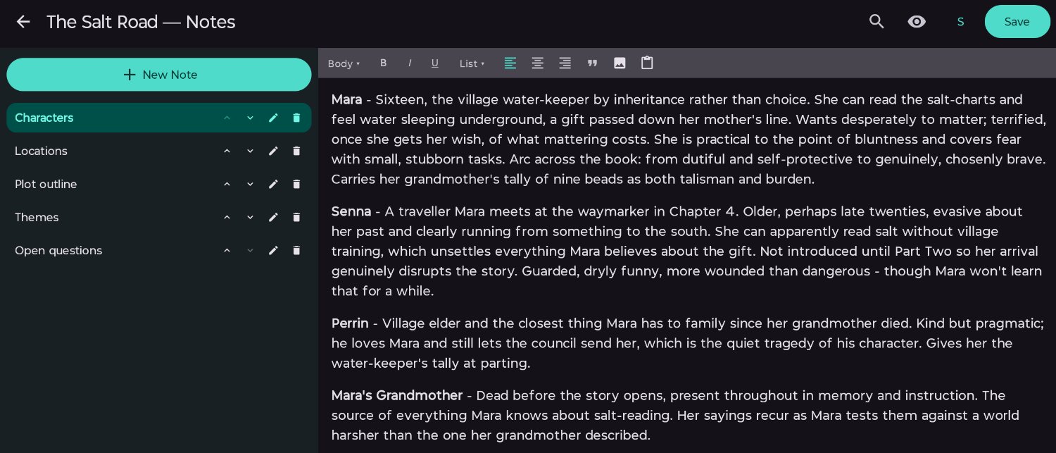 Story notes screen showing several notes and the contents of one.